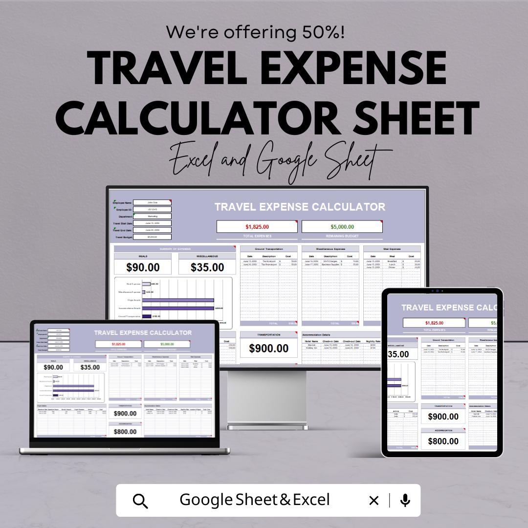 Travel Expense Calculator Sheet | Budget Tracker for Trips | Excel & Google Sheet Template | Vacation Spending Planner Printable
