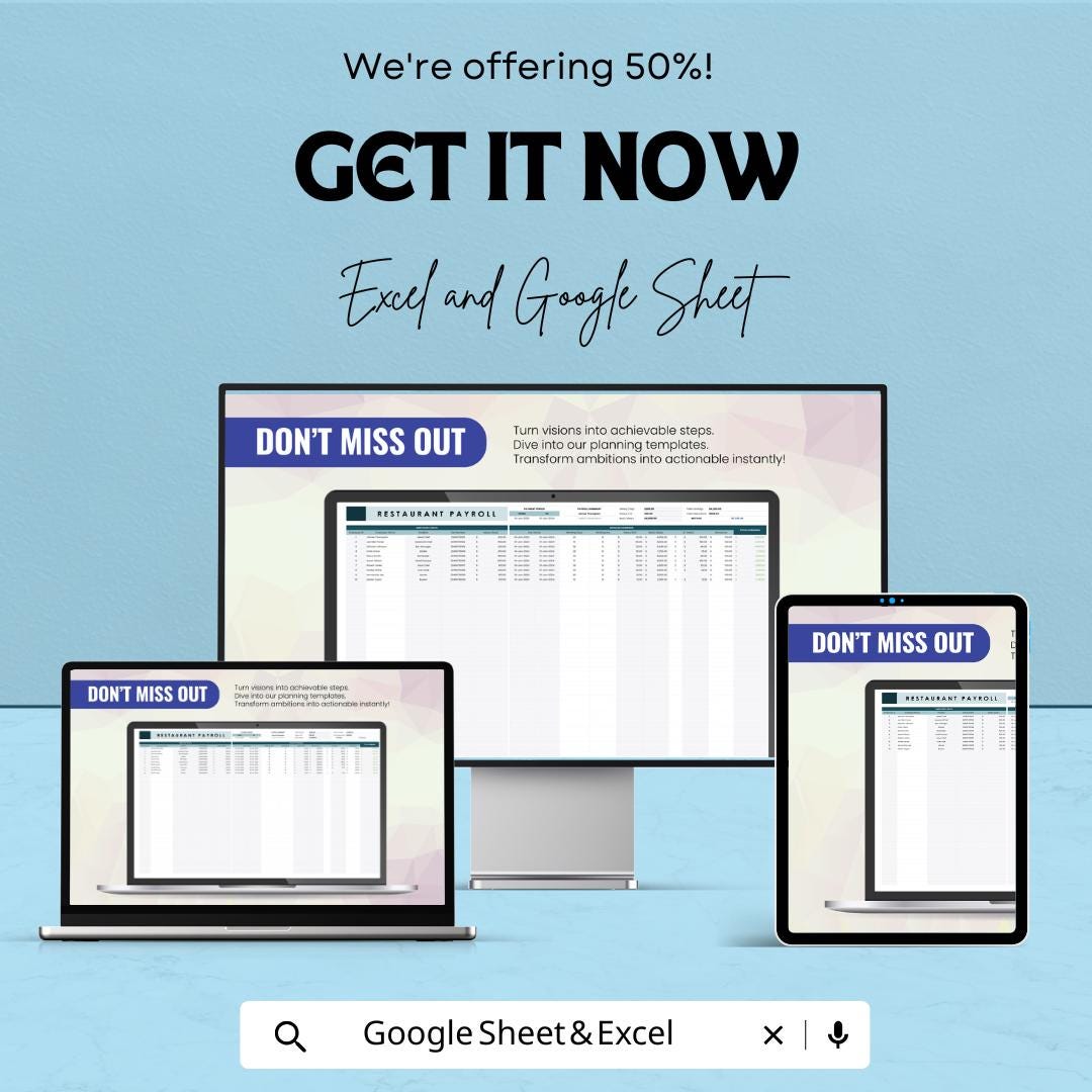 Restaurant Payroll Sheet - Google Sheet & Excel Payroll Template - Employee Salary Calculator - Easy Payroll Management for Restaurants