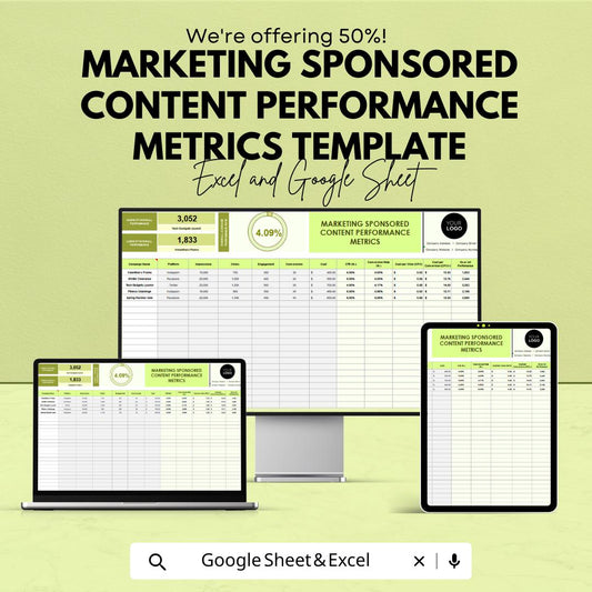 Marketing Sponsored Content Performance Metrics Template | Campaign Metrics Tracker | Engagement and Conversion Tracker