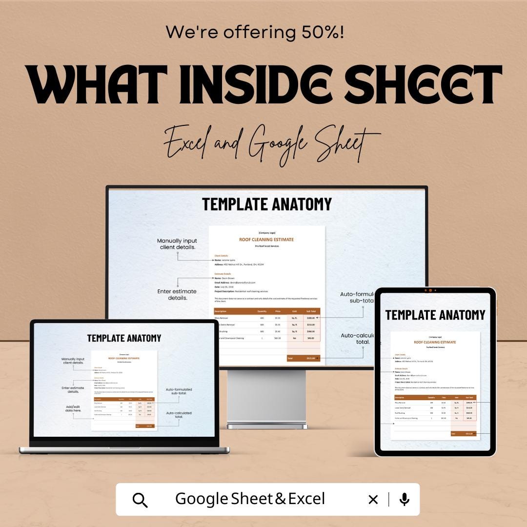 Roof Cleaning Service Estimate Sheet - Excel & Google Sheets Template for Roof Cleaning Quotes, Pricing Estimate Template