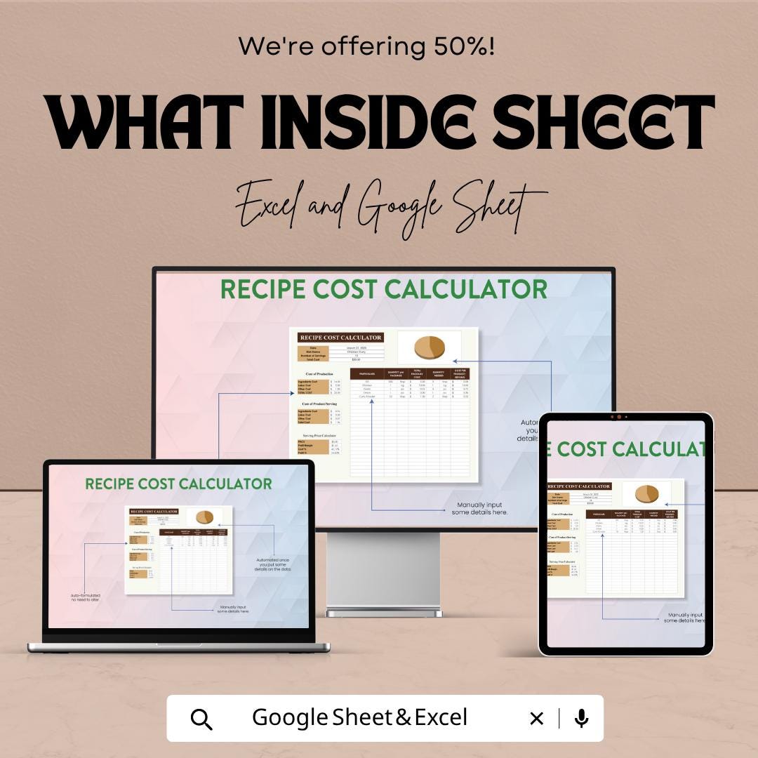 Recipe Cost Calculator Template | Food Cost Spreadsheet | Menu Pricing Calculator | Ingredient Cost Tracker | Catering Budget Tool