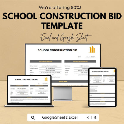 School Construction Bid Template | Construction Bid Spreadsheet | Contractor Proposal Template | Excel & Google Sheets |