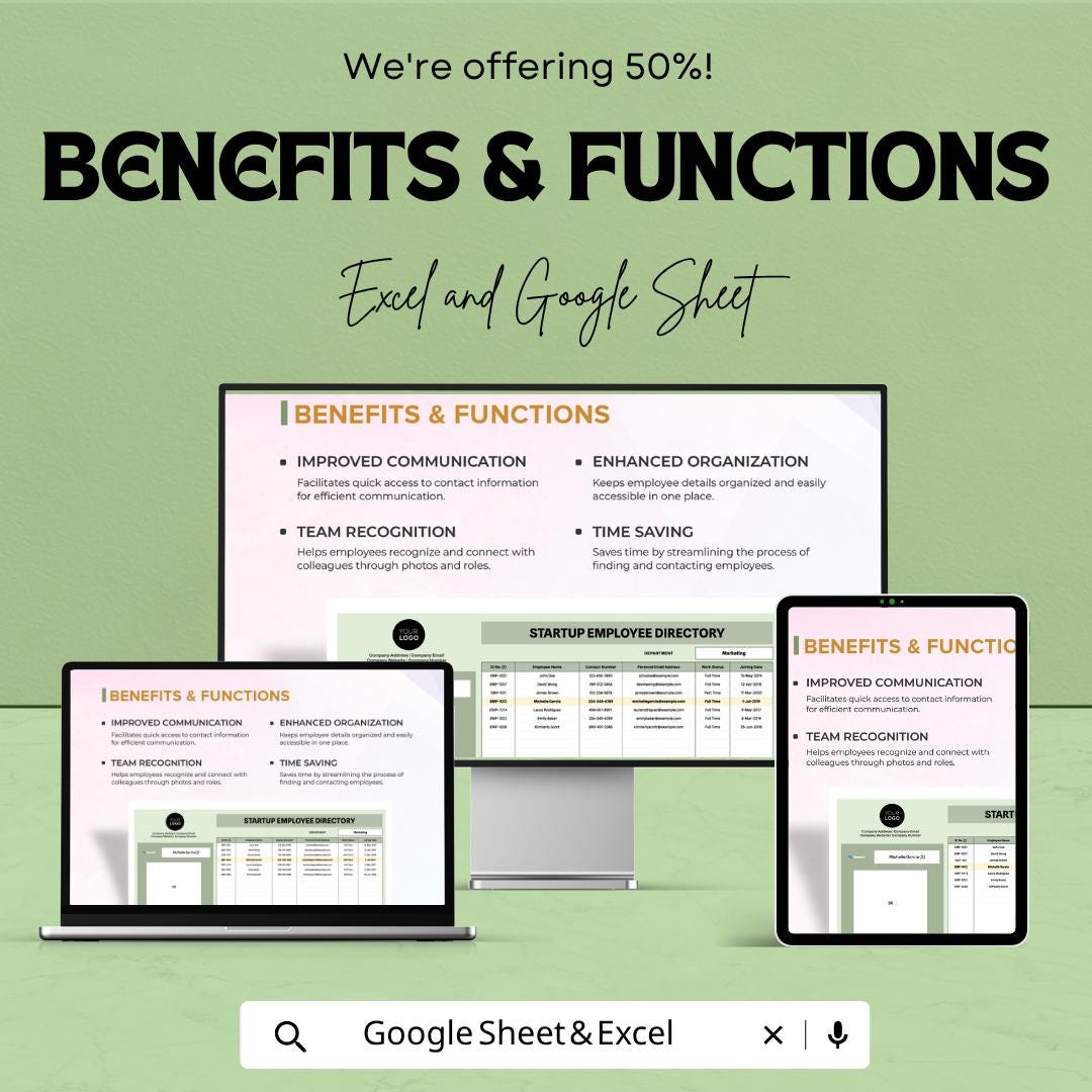 Startup Employee Directory Template | Employee Database Spreadsheet | Staff Directory Tracker | HR Management Template |