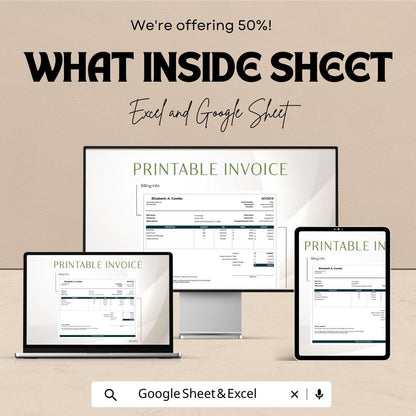 Printable Invoice Sheet - Excel & Google Sheets Template | Easy-to-Use Invoice Tracker | 50% Off