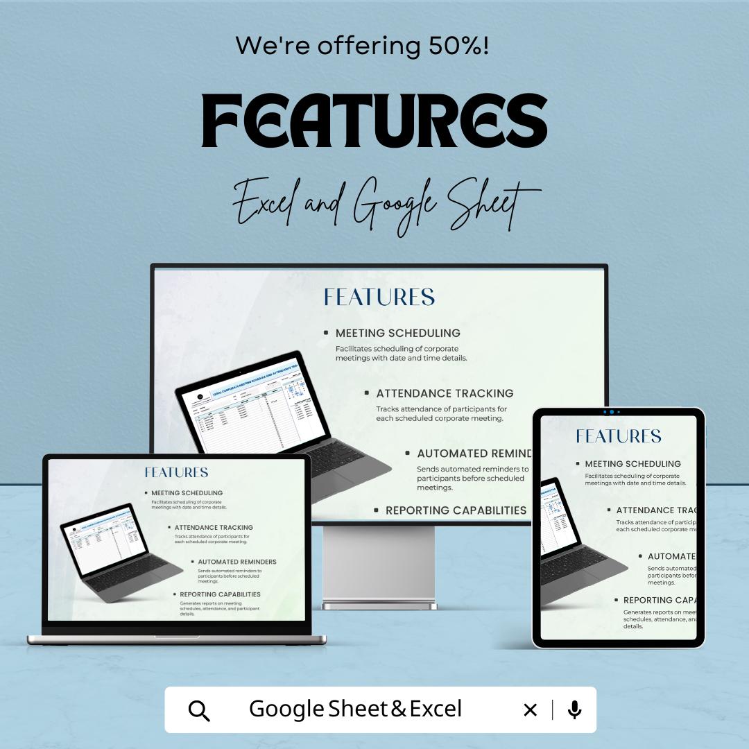 Corporate Meeting Attendance Tracker, Meeting Schedule Template, Employee Attendance Log, Excel & Google Sheets Meeting Planner