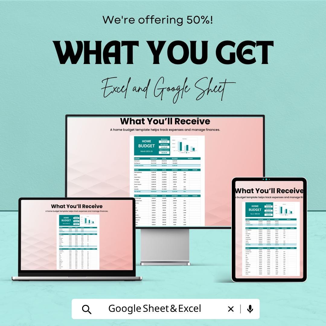 Home Budget Template Excel Google Sheets | Monthly Budget Planner Spreadsheet | Expense Tracker | Household Finance Planner |