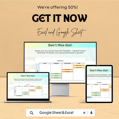 Editable Career Roadmap Template | Professional Growth Planner | Excel & Google Sheets | Career Development Tracker | Digital Download