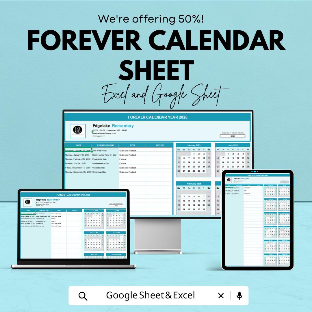 Forever Calendar Template - Excel & Google Sheets - Perpetual Calendar for Yearly Use