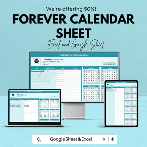 Forever Calendar Template - Excel & Google Sheets - Perpetual Calendar for Yearly Use