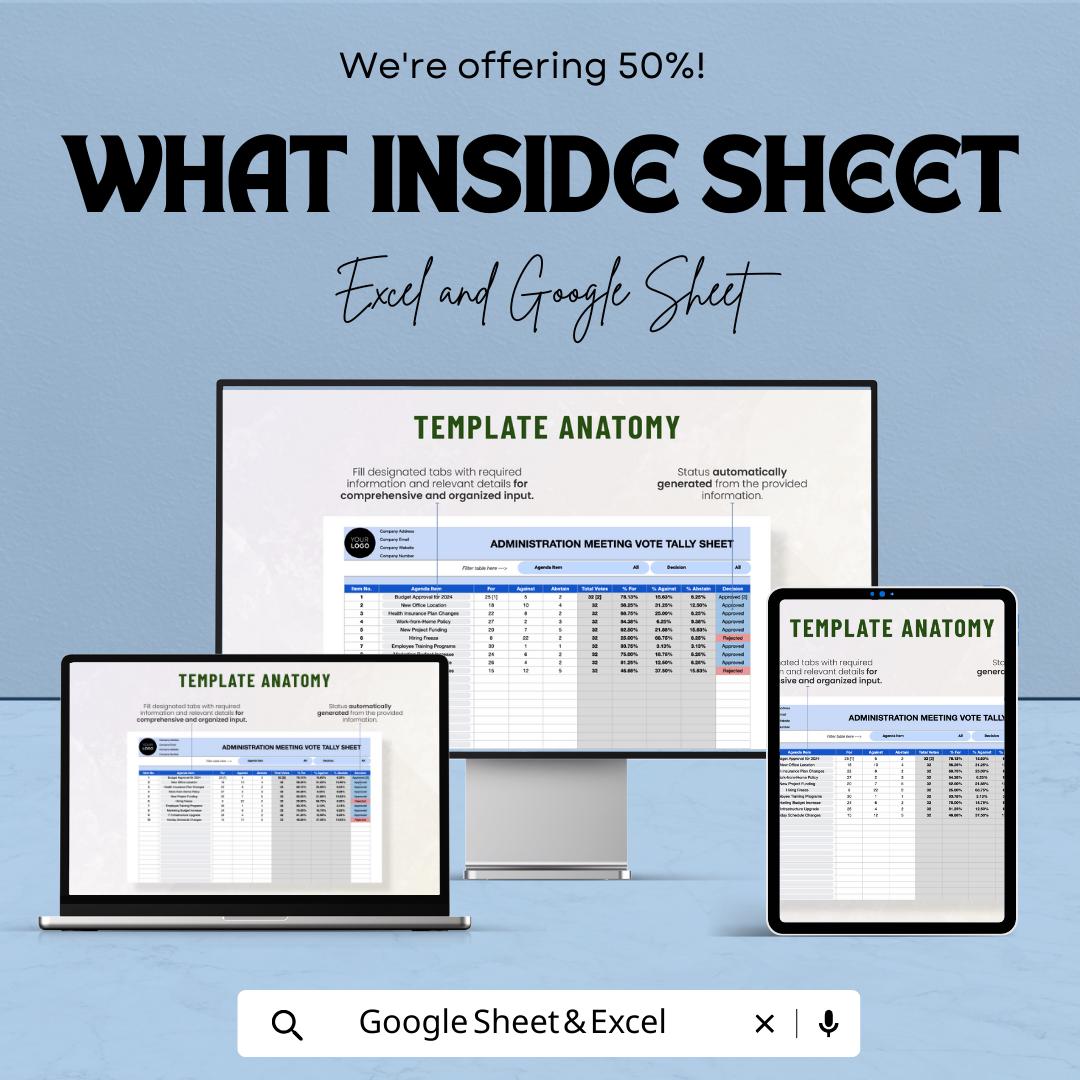 Administration Meeting Vote Tally Sheet Template,  Voting Tracker, Agenda Vote Record, Board Meeting Decision Spreadsheet