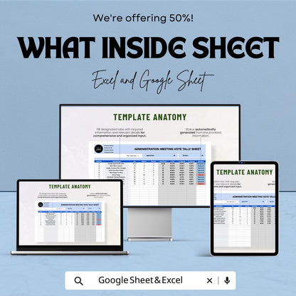 Administration Meeting Vote Tally Sheet Template,  Voting Tracker, Agenda Vote Record, Board Meeting Decision Spreadsheet