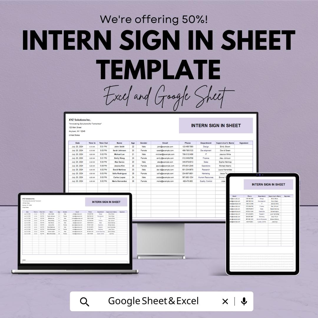Intern Sign In Sheet Template | Attendance Tracker Excel | Intern Hours Log Google Sheets | Employee Time Sheet | Internship Attendance Form