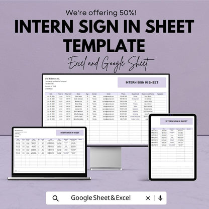Intern Sign In Sheet Template | Attendance Tracker Excel | Intern Hours Log Google Sheets | Employee Time Sheet | Internship Attendance Form