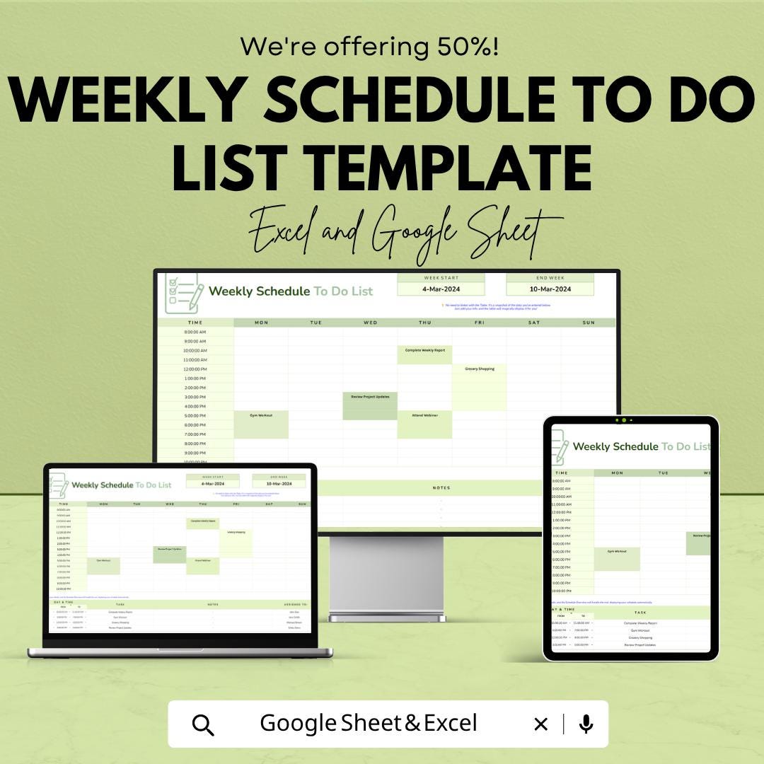 Weekly Schedule To Do List Template | Google Sheets Excel Planner | Weekly Planner Spreadsheet | Productivity Tracker |
