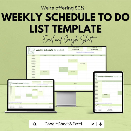 Weekly Schedule To Do List Template | Google Sheets Excel Planner | Weekly Planner Spreadsheet | Productivity Tracker |