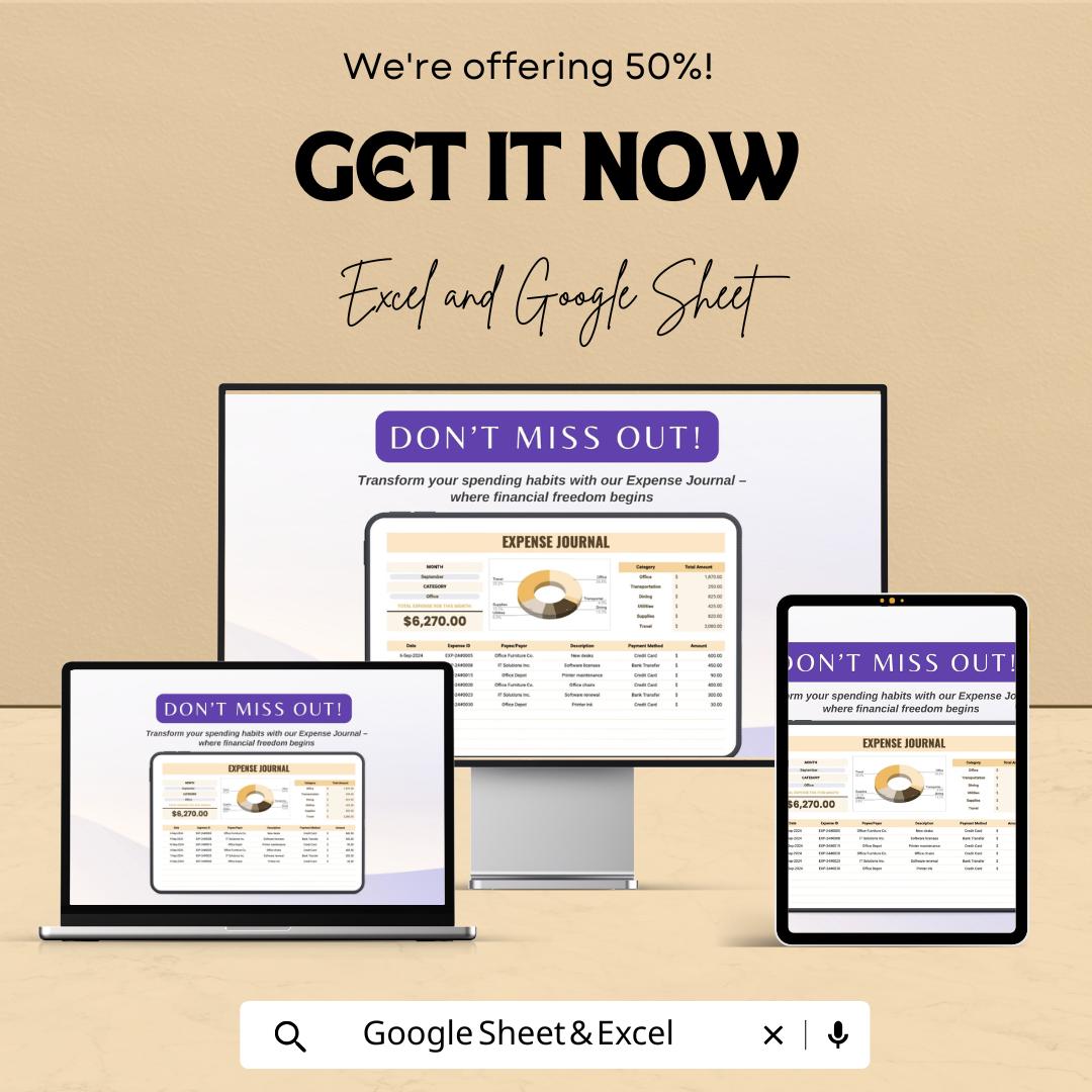 Expense Journal Sheet | Personal Finance Tracker | Google Sheets | Budget Tracker | Spending Log | Expense Organizer | Monthly Finance