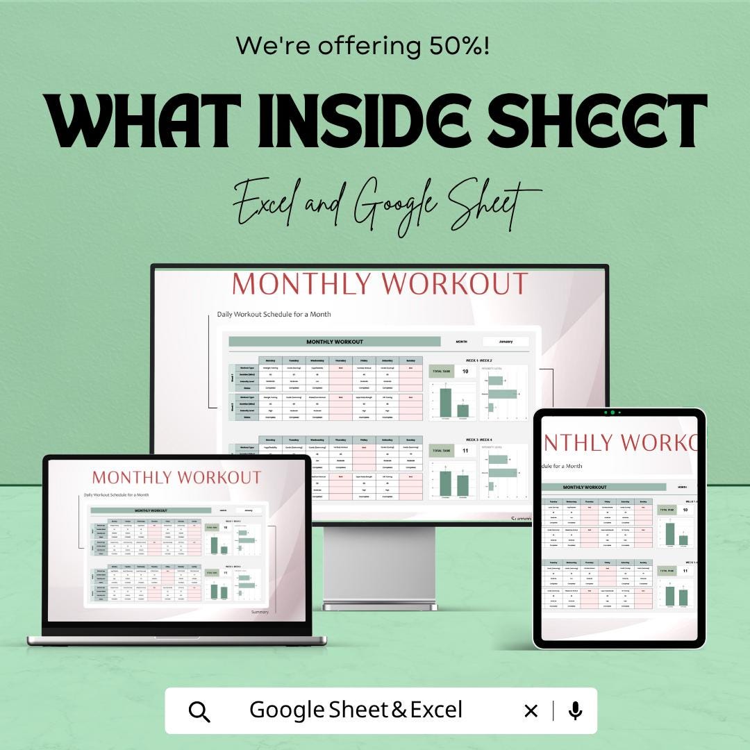 Monthly Workout Template Excel & Google Sheets | Fitness Planner Spreadsheet | Gym Tracker Dashboard | Workout Log Digital
