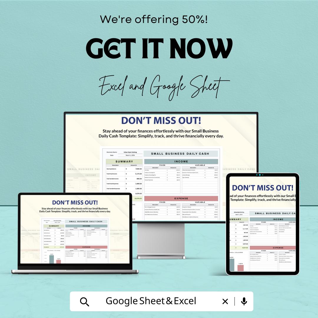 Small Business Daily Cash Sheet | Google Sheet and Excel Template | Income & Expense Tracker | Daily Cash Flow Tracker for Small Businesses