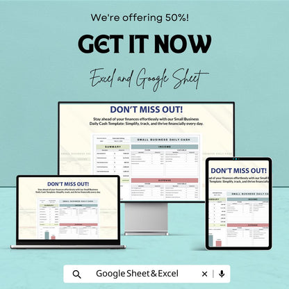 Small Business Daily Cash Sheet | Google Sheet and Excel Template | Income & Expense Tracker | Daily Cash Flow Tracker for Small Businesses