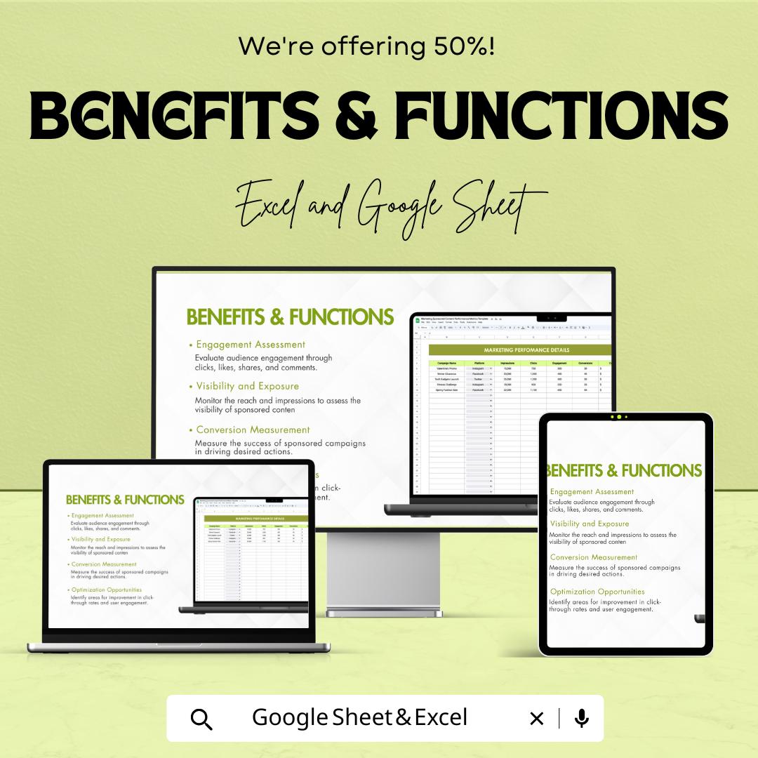 Marketing Sponsored Content Performance Metrics Template | Campaign Metrics Tracker | Engagement and Conversion Tracker