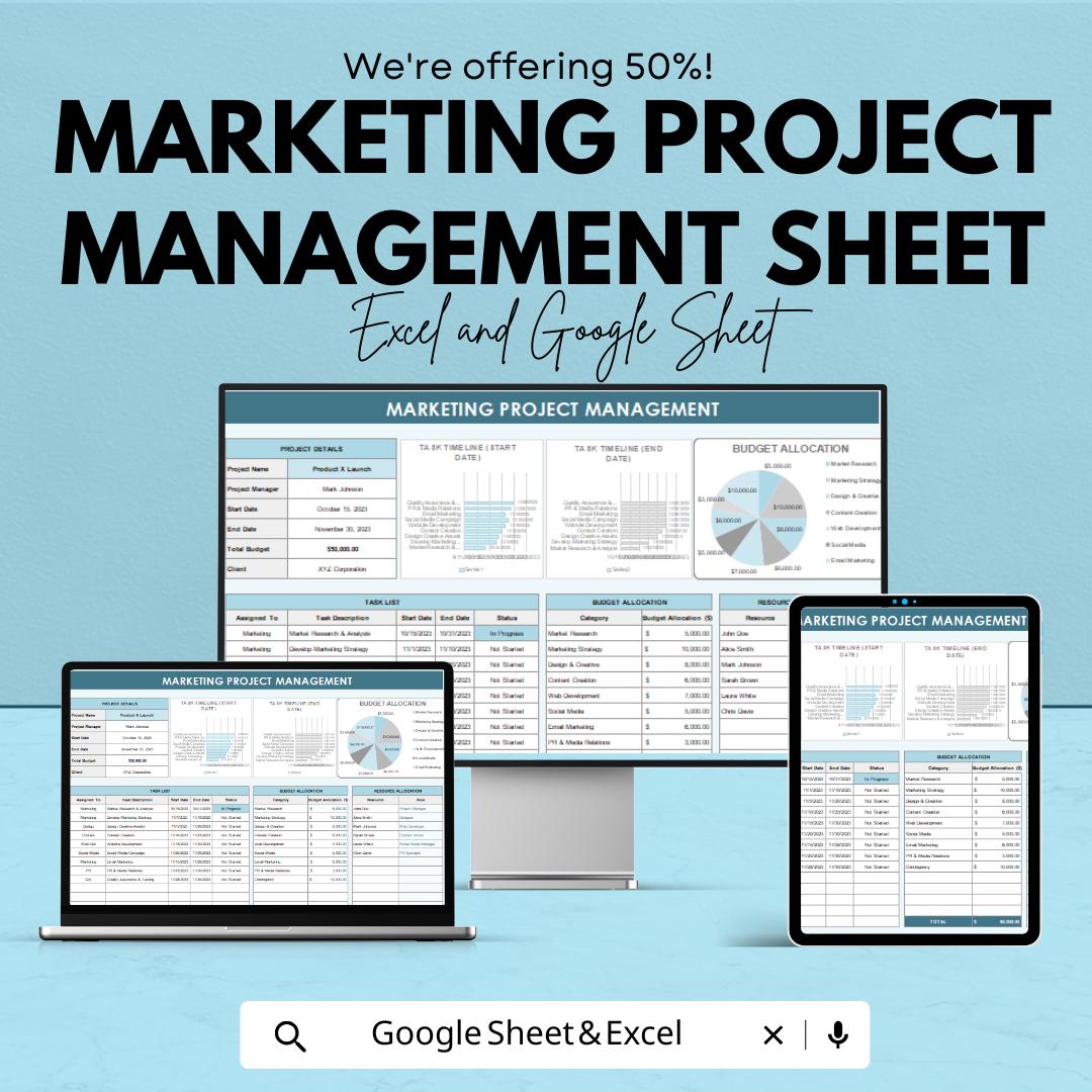 Marketing Project Management Sheet Excel & Google Sheets | Campaign Tracker, Budget, Timeline, and Team Collaboration