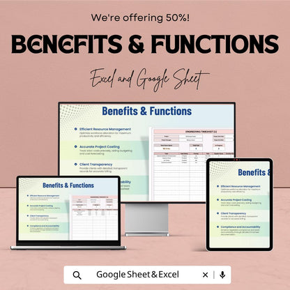 Engineering Timesheet Template | Project Time Tracking Spreadsheet | Task Management Log | Payroll Tracker