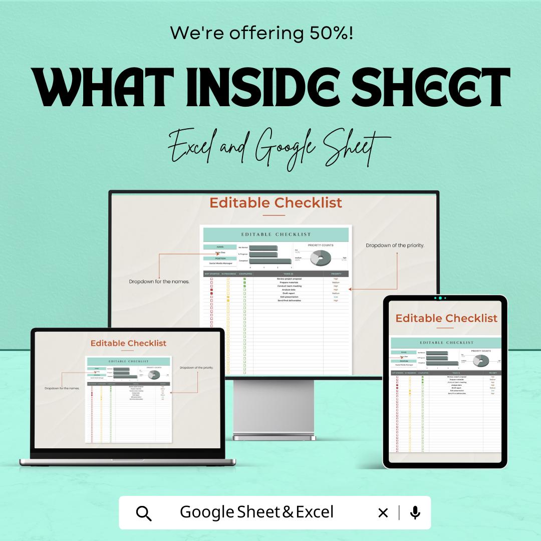 Editable Checklist Sheet | Excel and Google Sheets | Customizable Task List Template | Track Tasks & Progress | Priority Tracker |