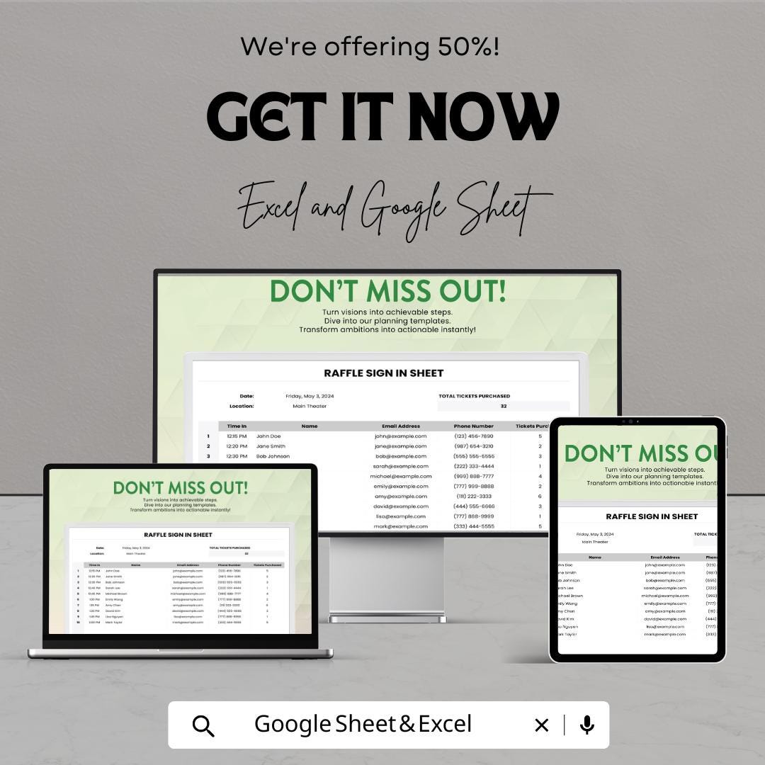 Raffle Sign in Sheet | Excel & Google Sheet Template | Event Registration | Ticket Purchase Tracker | Customizable Sign-Up Form