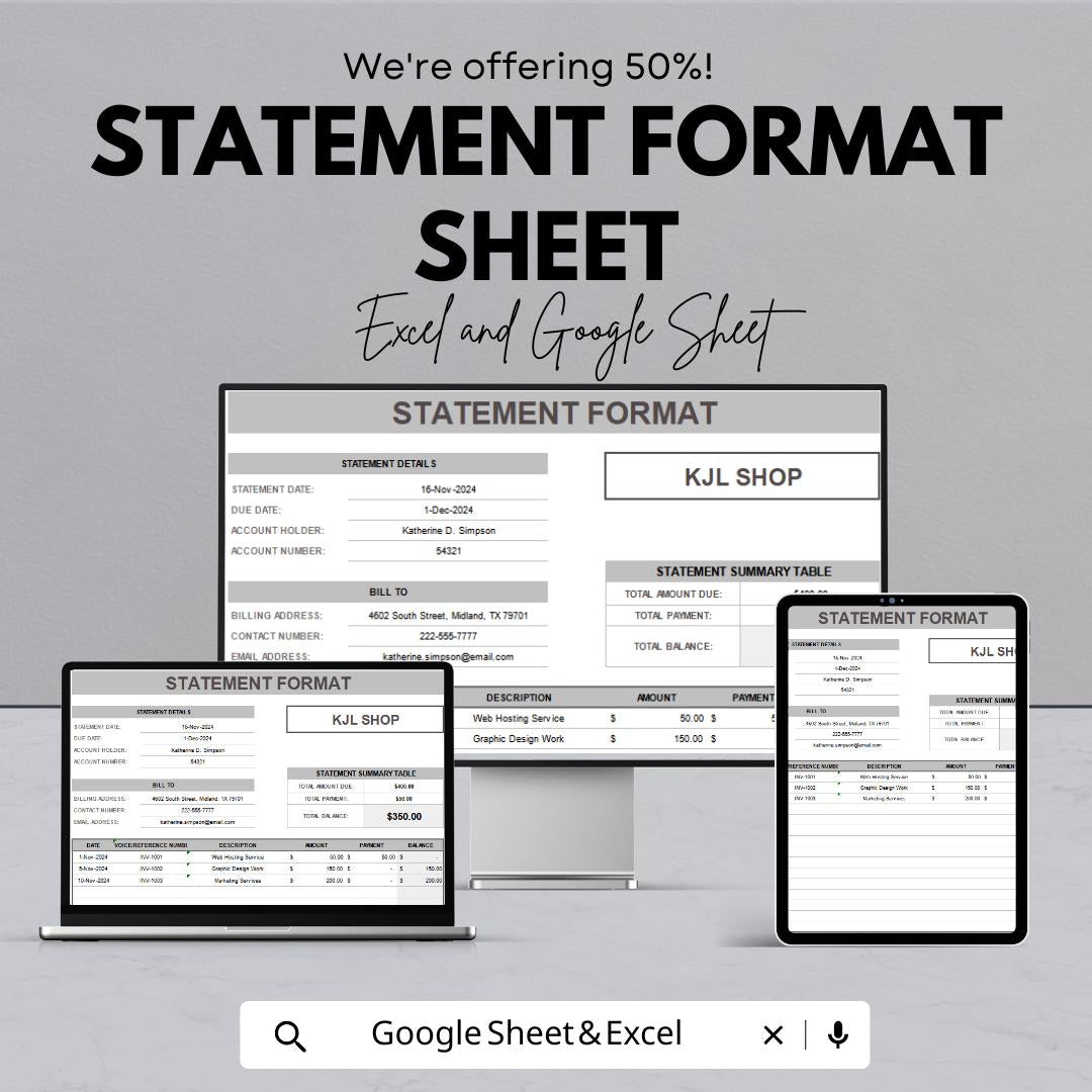 Statement Format Sheet | Google Sheets | Printable Financial Statement Template | Business Billing, Account Summary & Payment Tracker