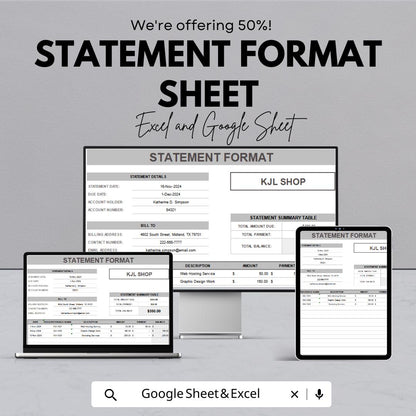 Statement Format Sheet | Google Sheets | Printable Financial Statement Template | Business Billing, Account Summary & Payment Tracker