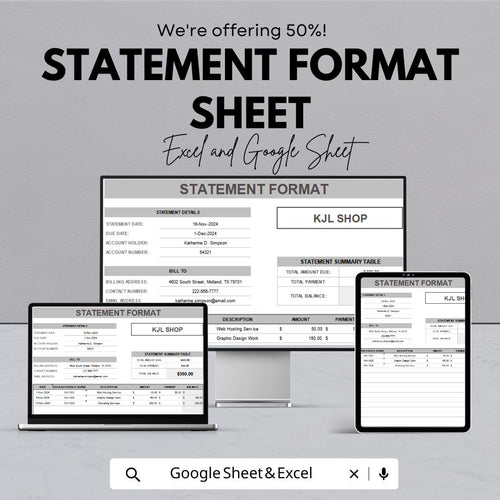 Statement Format Sheet | Google Sheets | Printable Financial Statement Template | Business Billing, Account Summary & Payment Tracker