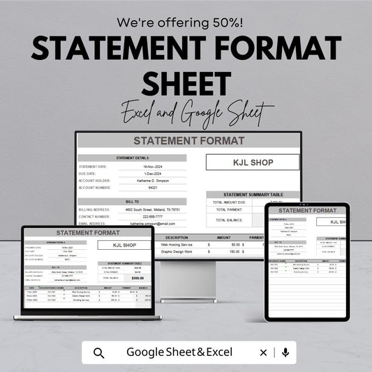 Statement Format Sheet | Google Sheets | Printable Financial Statement Template | Business Billing, Account Summary & Payment Tracker