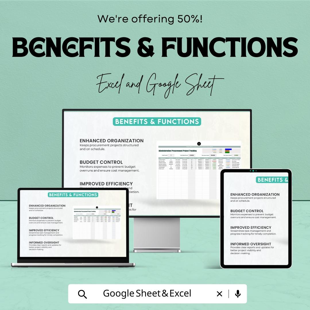 Administration Procurement Project Tracking Template, Procurement Tracker, Purchase Management Spreadsheet, Excel & Google Sheets