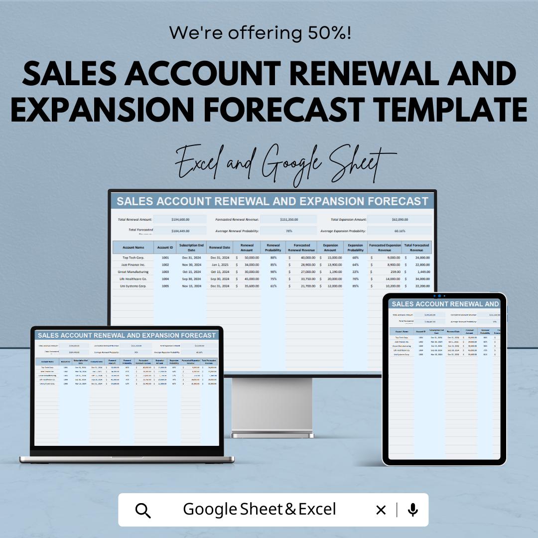Sales Account Renewal and Expansion Forecast Template | Revenue Forecasting Spreadsheet | Renewal Probability Tracker