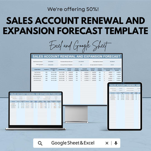 Sales Account Renewal and Expansion Forecast Template | Revenue Forecasting Spreadsheet | Renewal Probability Tracker