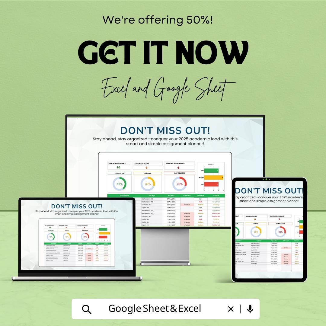 Assignment Workload Template Excel | Assignment Dashboard | Homework Tracker | Study Planner Spreadsheet | Academic Organizer