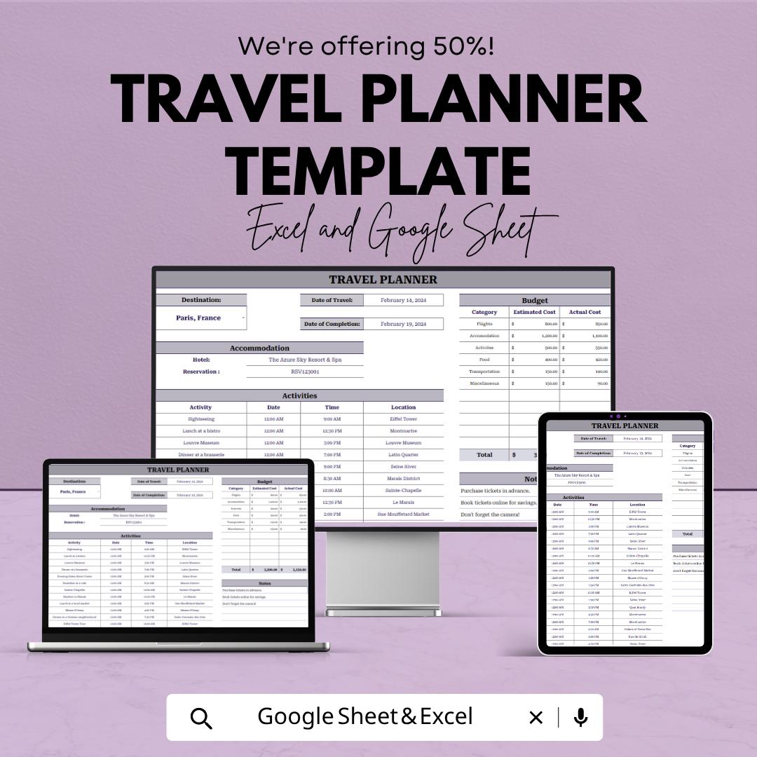Travel Planner Spreadsheet Template | Vacation Planner | Travel Budget Tracker | Itinerary Planner | Digital Planner