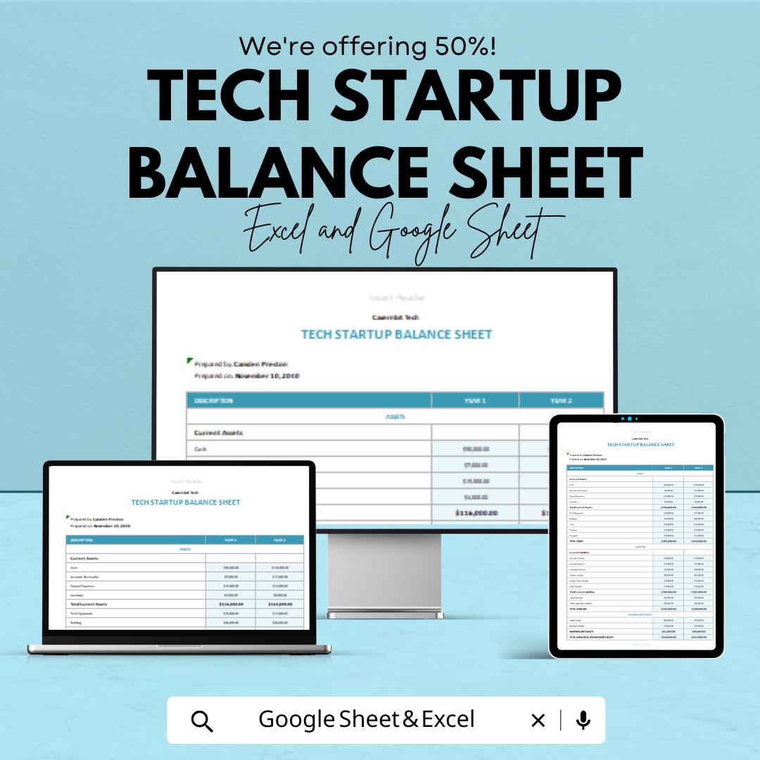 Tech Startup Balance Sheet Template | Excel and Google Sheet | Startup Financial Tracker | Assets Liabilities Equity Sheet