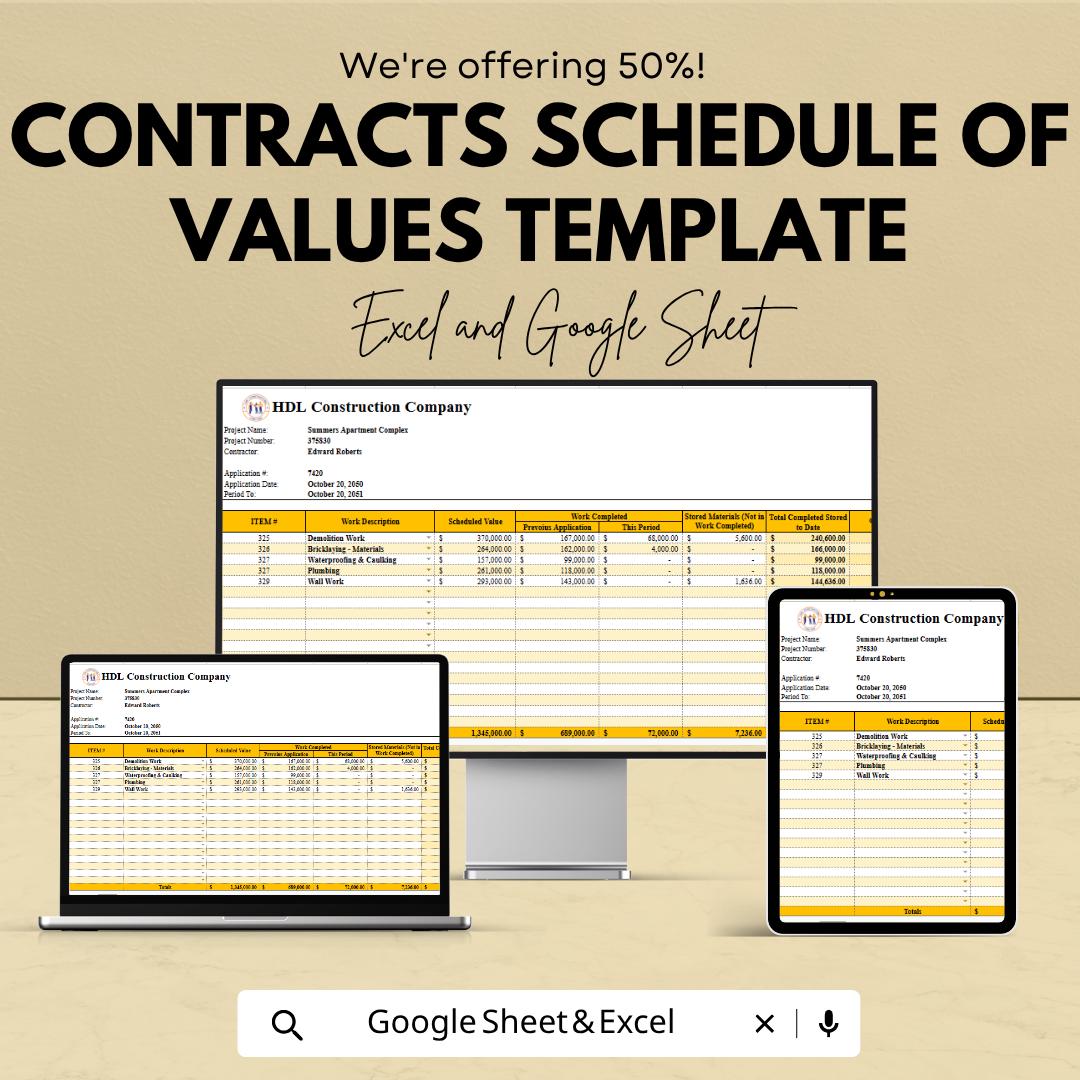 Contracts Schedule of Values Template | Construction SOV Spreadsheet | Contractor Payment Schedule Template