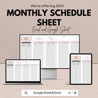 Monthly Schedule Template - Excel and Google Sheets - Time Management Planner - Customizable Calendar - Task & Activity Tracker