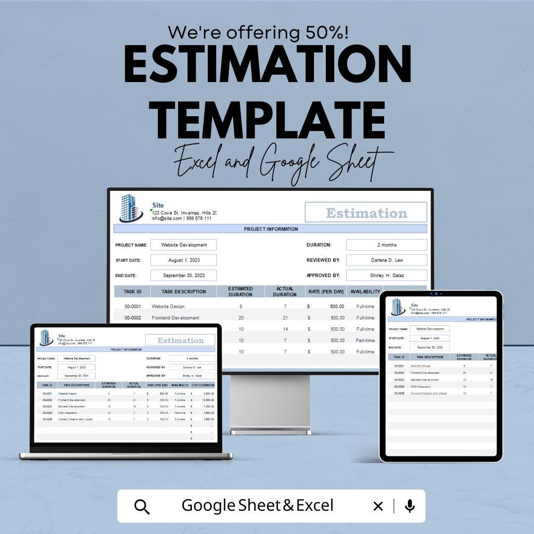 Estimation Template | Project Cost Estimator | Excel & Google Sheets Budget Planner | Work Estimate Sheet for Businesses