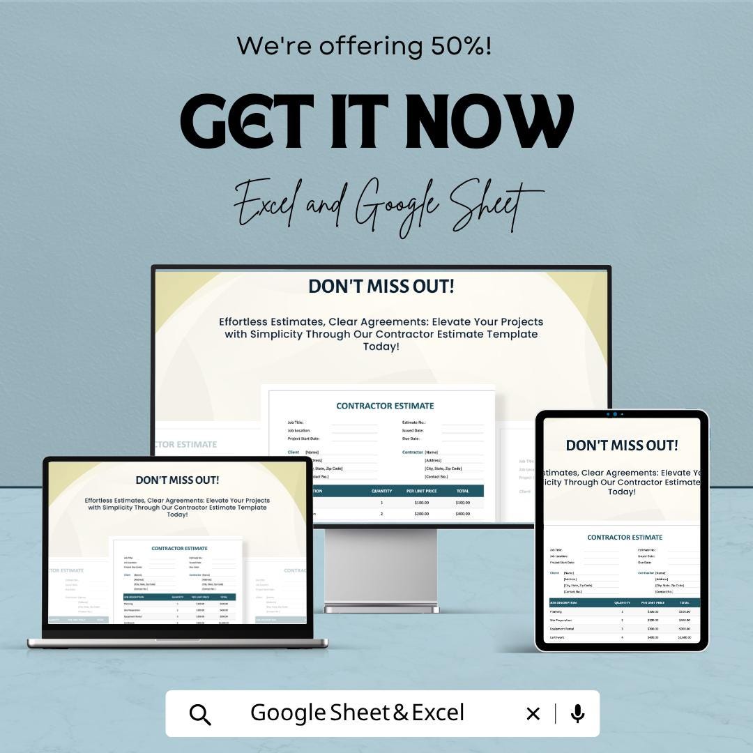 Simple Contractor Estimate Template | Construction Estimate Spreadsheet | Job Quote Invoice | Excel & Google Sheets