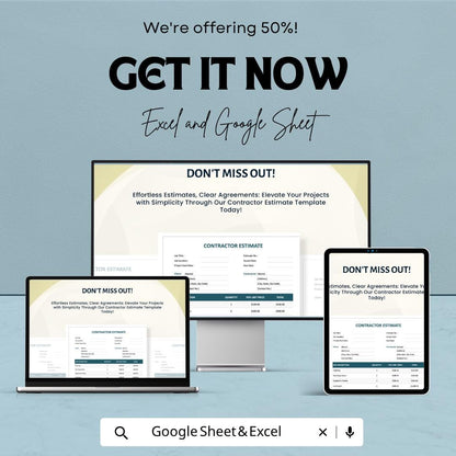 Simple Contractor Estimate Template | Construction Estimate Spreadsheet | Job Quote Invoice | Excel & Google Sheets