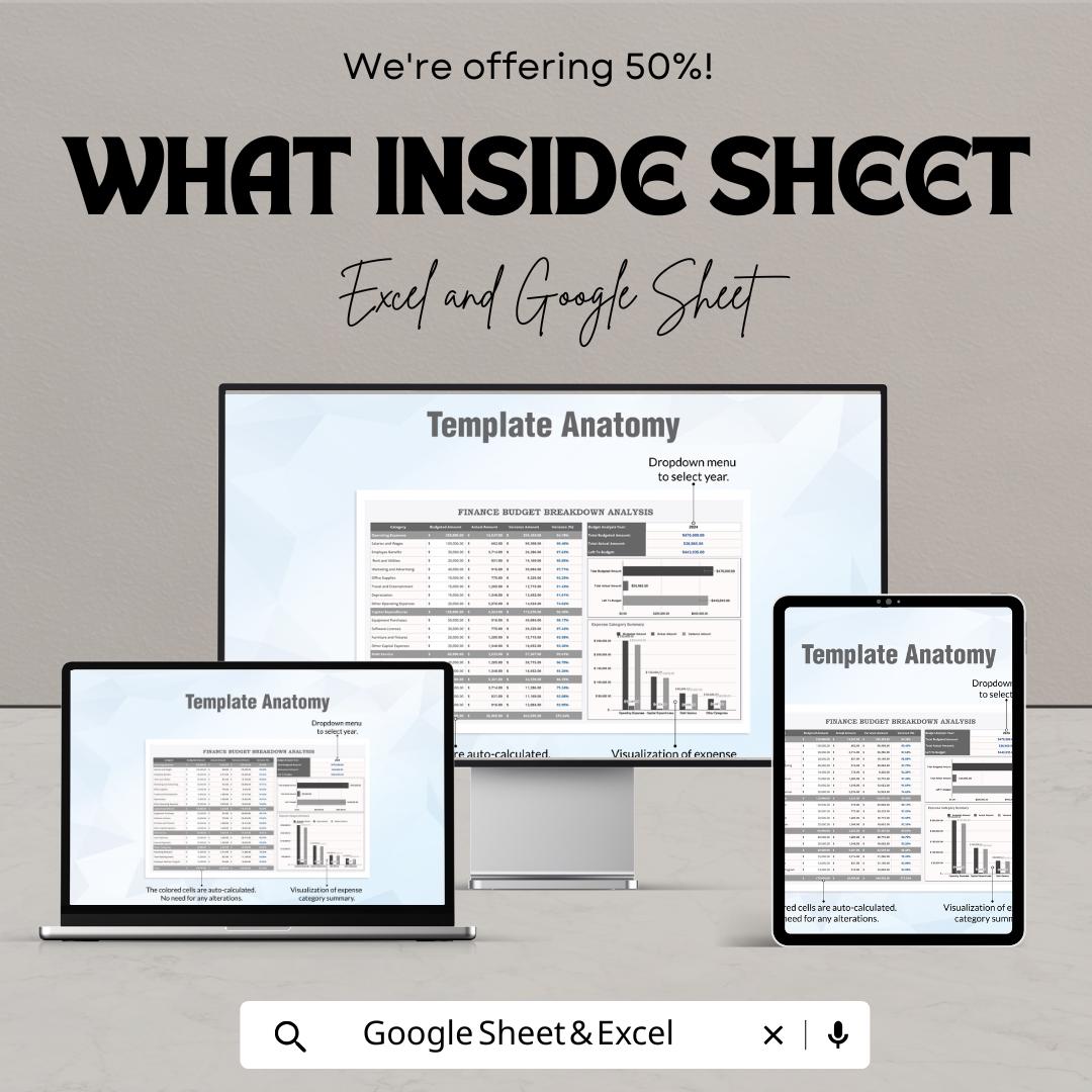 Finance Budget Breakdown Analysis Template | Budget Planner Spreadsheet | Monthly & Yearly Expense Tracker