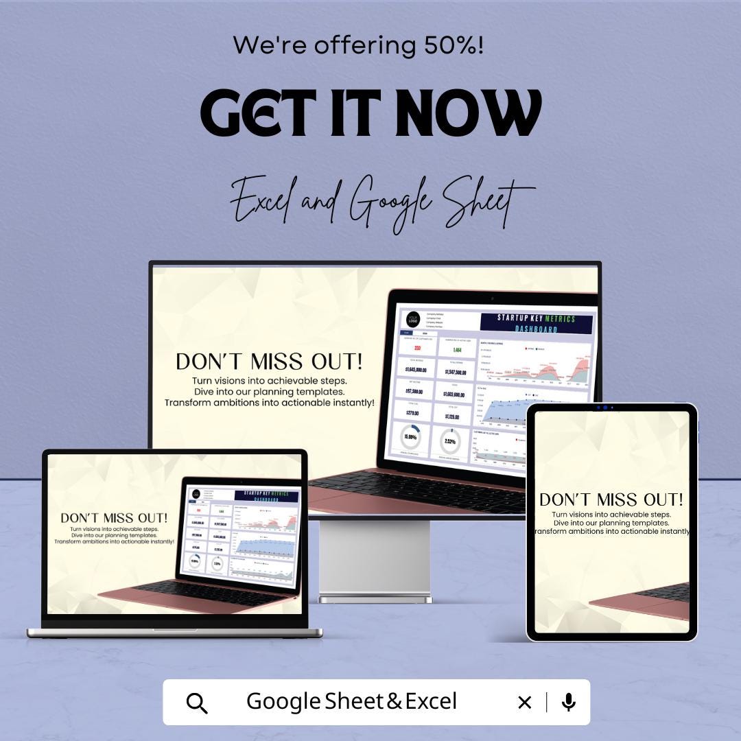 Startup Key Metrics Dashboard Template | Business KPI Dashboard Spreadsheet | Investor Metrics Tracker | Excel & Google Sheets