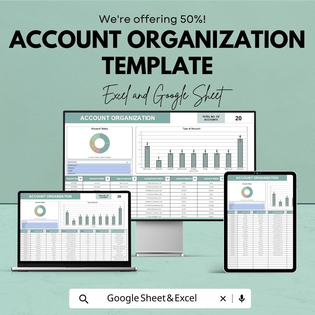 Account Organization Template | Account Management Tracker | Dashboard & Account Status Sheet | Account Log and Reporting