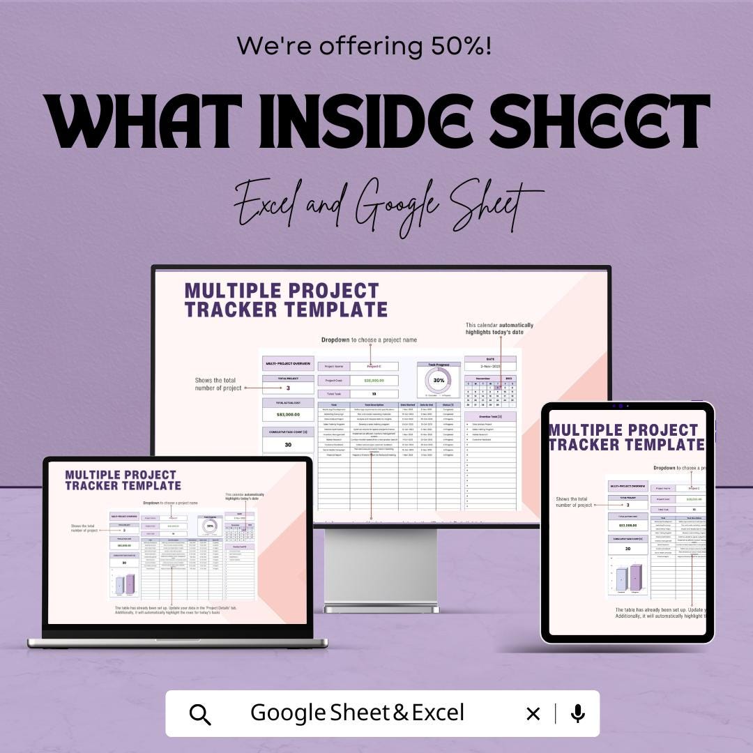 Multiple Project Tracker Sheet | Project Management Template | Task Tracking | Budgeting | Resource Allocation | Project Overview