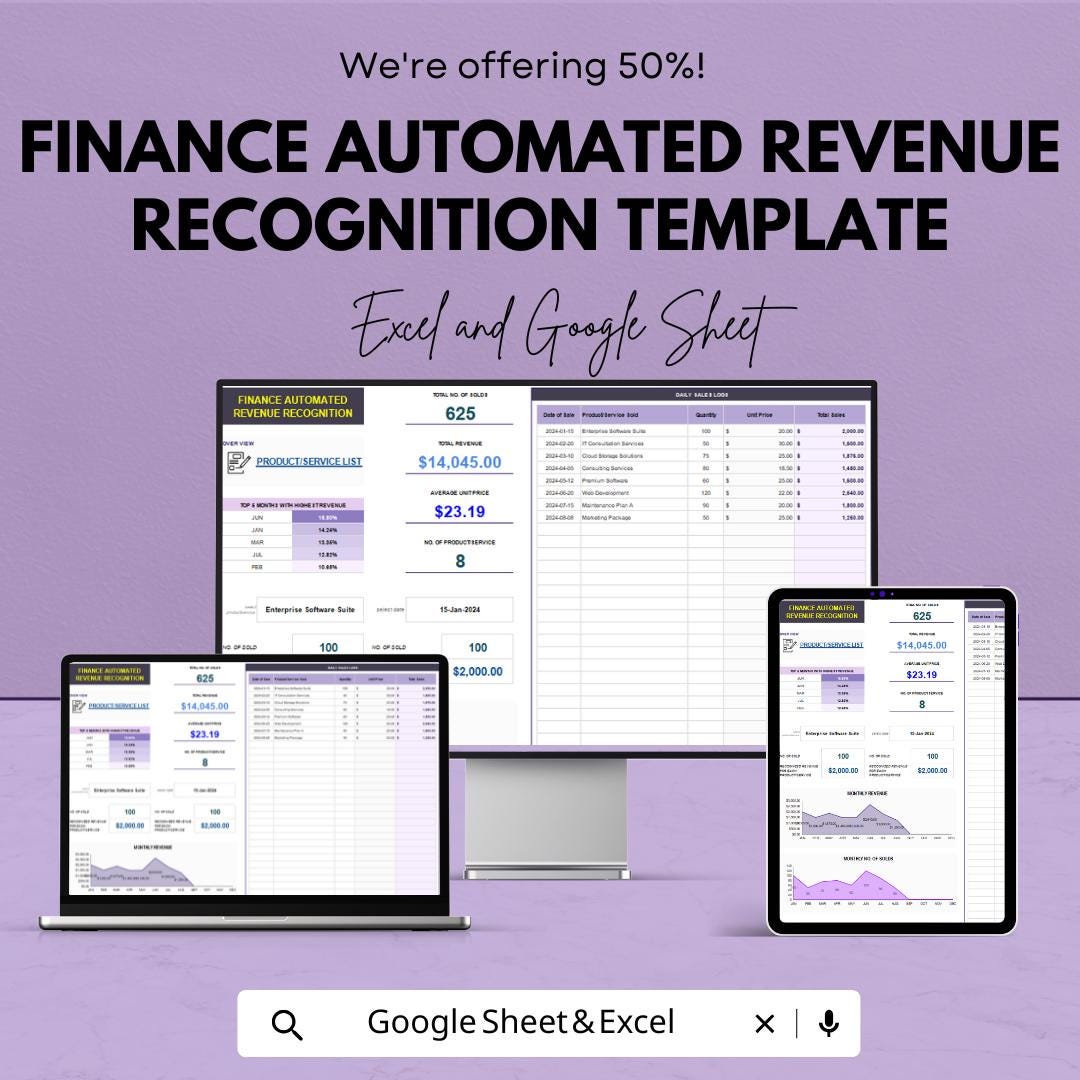 Finance Automated Revenue Recognition Template | Revenue Tracking Spreadsheet | Deferred Revenue Schedule | Financial Reporting Tool