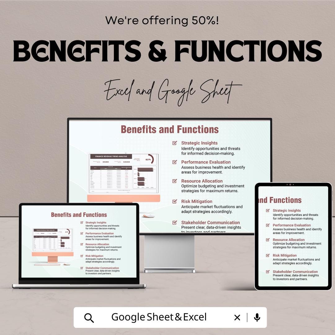 Finance Revenue Trend Analysis Template | Excel & Google Sheets | Revenue Dashboard | Sales Trend Tracker Spreadsheet