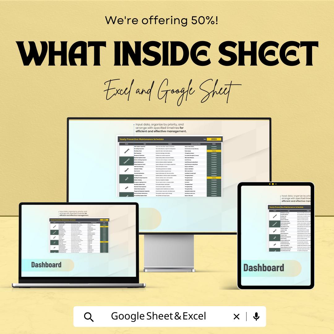 Yearly Preventive Maintenance Schedule | Excel & Google Sheets Template | Equipment Maintenance Log | Printable Planner